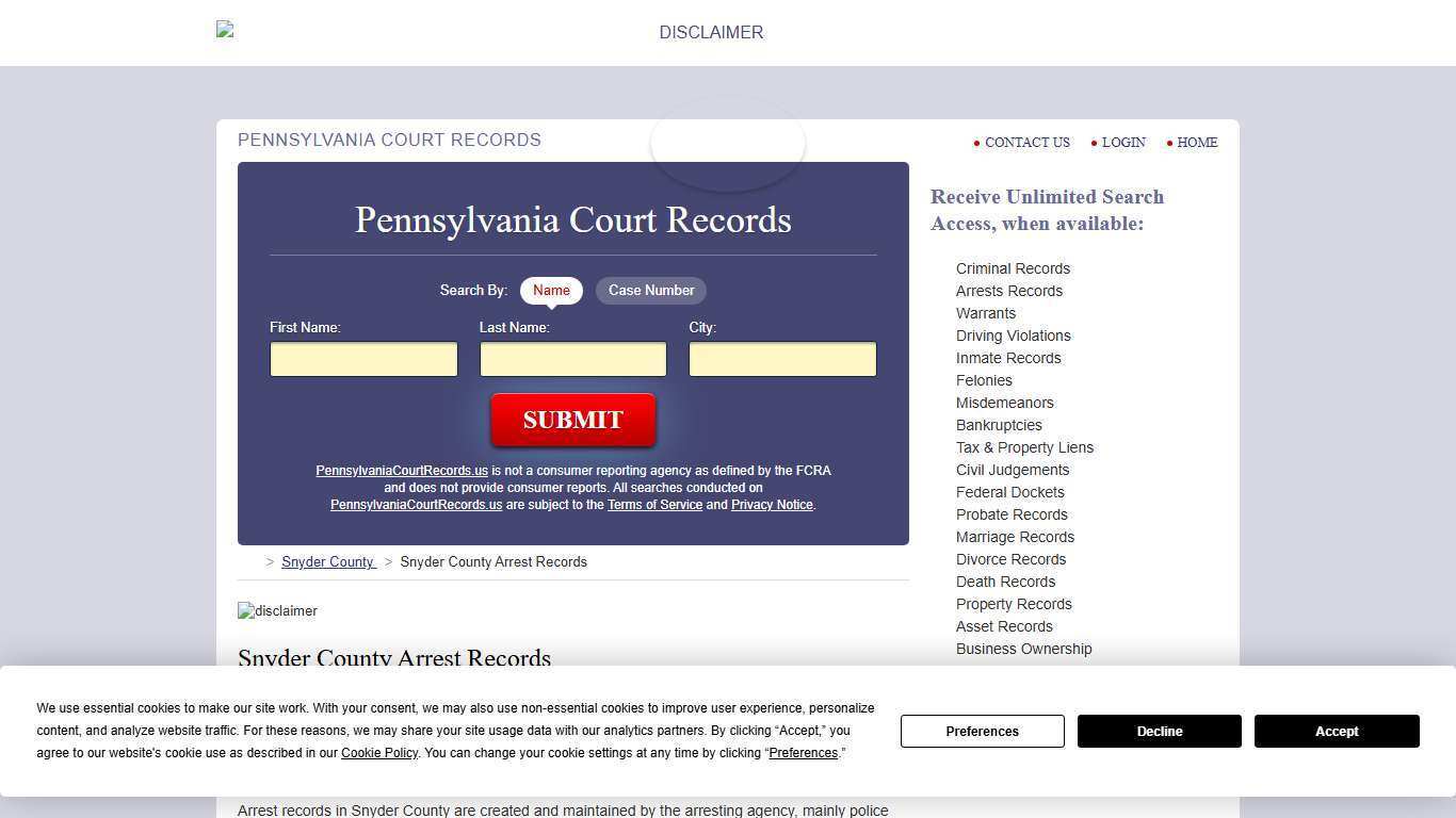 Snyder County Arrest Records | PennsylvaniaCourtRecords.us